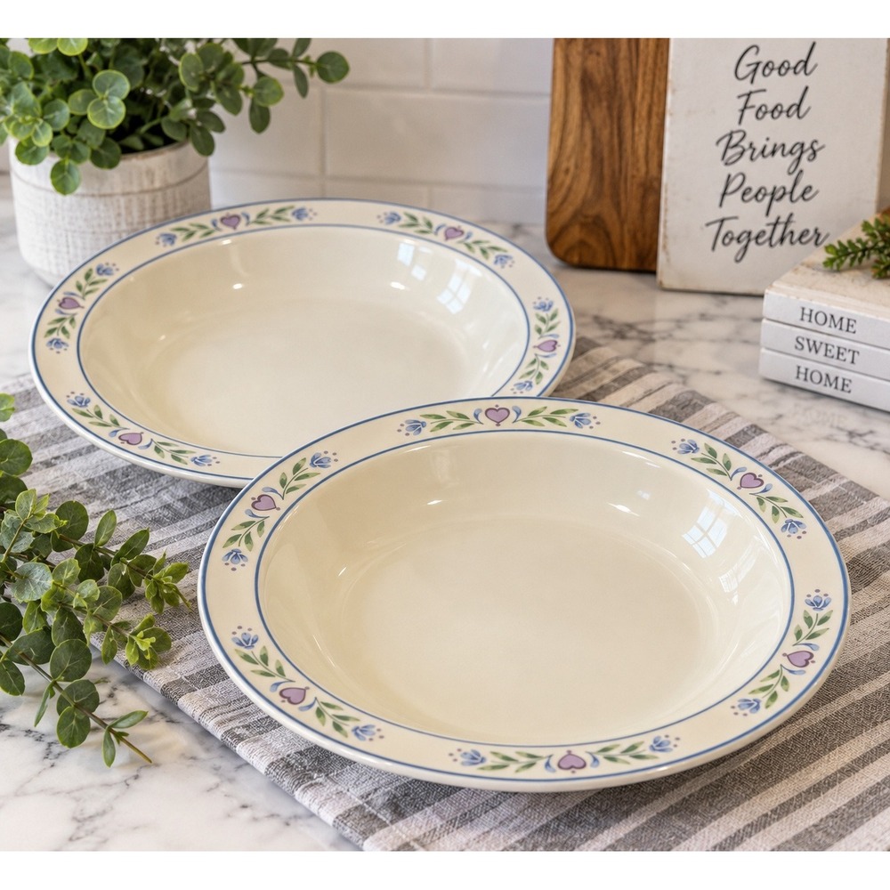 Tienshan Laurel Hearts Stoneware 11" Rimmed Bowls Plates 2 Vintage 90s Floral